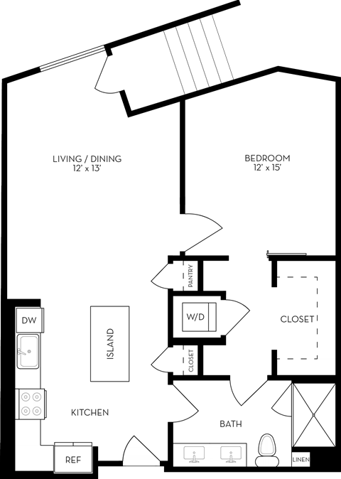 Floor plan for 1 bed, 1 bath, 901 sqft